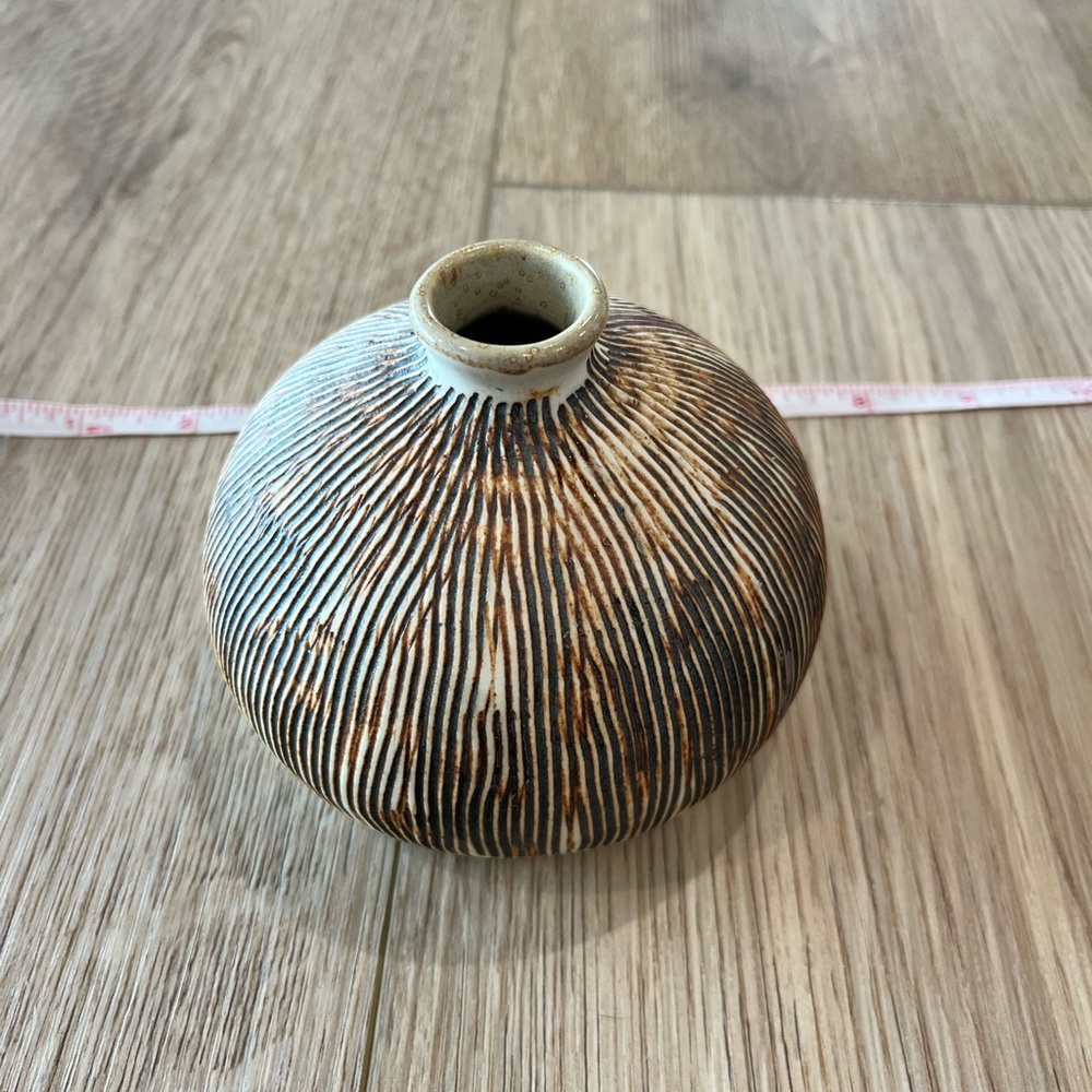 Hand Thrown Pottery Vase - Brown and Cream Signed KS